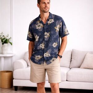 Men’s Blue Floral Hawaiian Button-up Shirt XXL